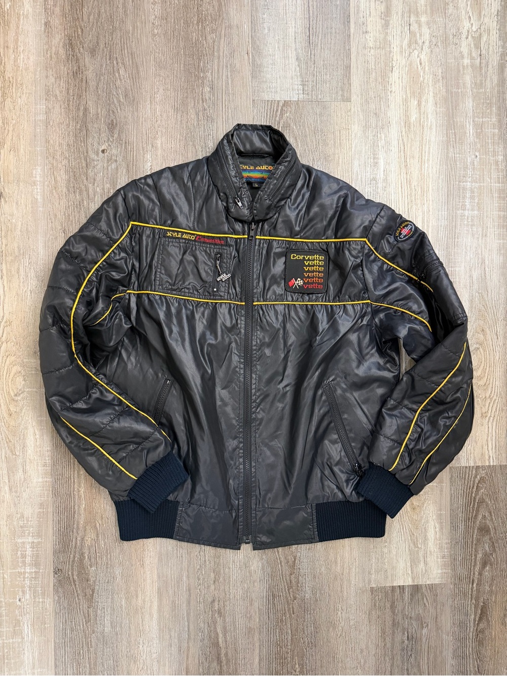 Vintage Corvette Men’s Black Bomber Windbreaker Jacket Style Auto Racing 80s, LG